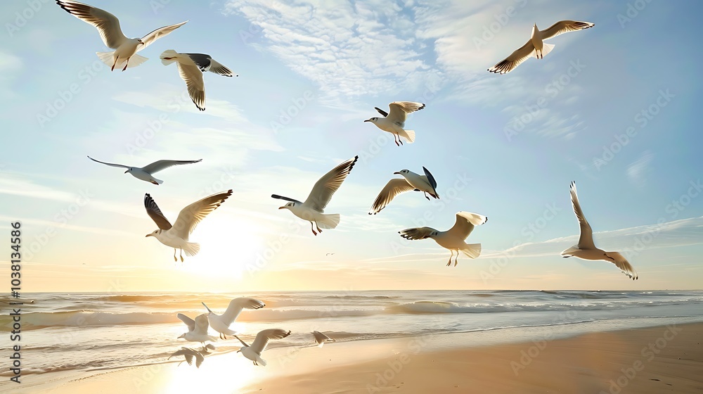 Fototapeta premium A swarm of seagulls soaring over the roaring ocean surf.