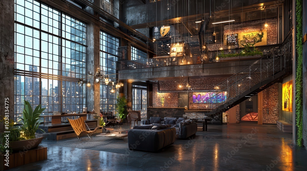 A modern, industrial-style interior featuring large windows, artistic decor, and greenery, creating a unique urban space for relaxation or social gatherings. A modern, industrial-style interior featuring large windows, artistic decor, and greenery, creating a unique urban space for relaxation or social gatherings.