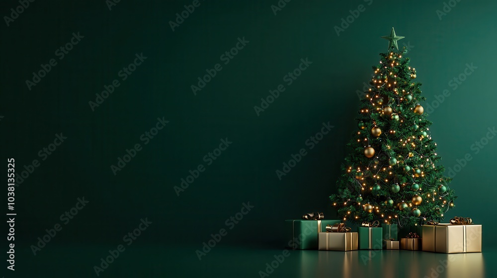 A beautifully decorated Christmas tree with golden ornaments and presents against a deep green backdrop, creating a festive atmosphere. A beautifully decorated Christmas tree with golden ornaments and presents against a deep green backdrop, creating a festive atmosphere.