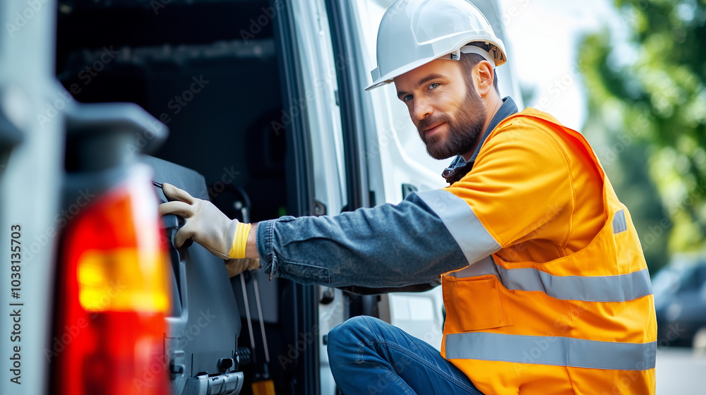Skilled Worker Loading Equipment into Vehicle for Departure Skilled Worker Loading Equipment into Vehicle for Departure