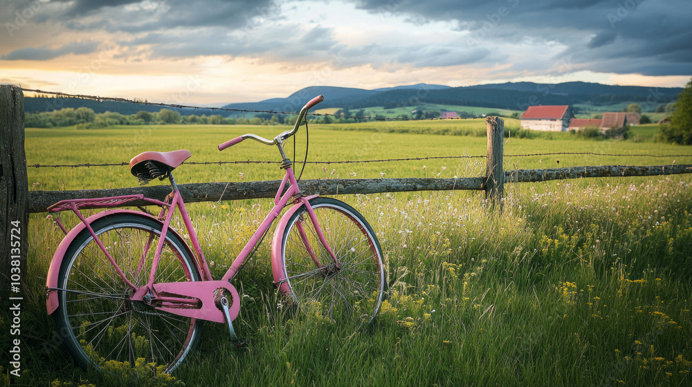 Dramatic angle of a pink bicycle near a meadow and farm, AI generative. Dramatic angle of a pink bicycle near a meadow and farm, AI generative.