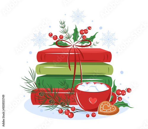 Books, cup coffee or cocoa with winter leaves, berries, cookies and sweets for bookshop, library, bookstore. Vector illustration for a New Year and Christmas background 