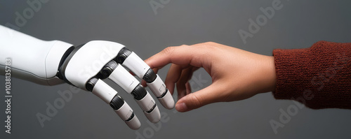 A robotic hand reaches out to touch a human hand, symbolizing the intersection of technology and humanity.