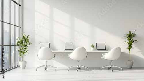 A minimalist office with white desks, chairs, and a large window overlooking a city skyline.