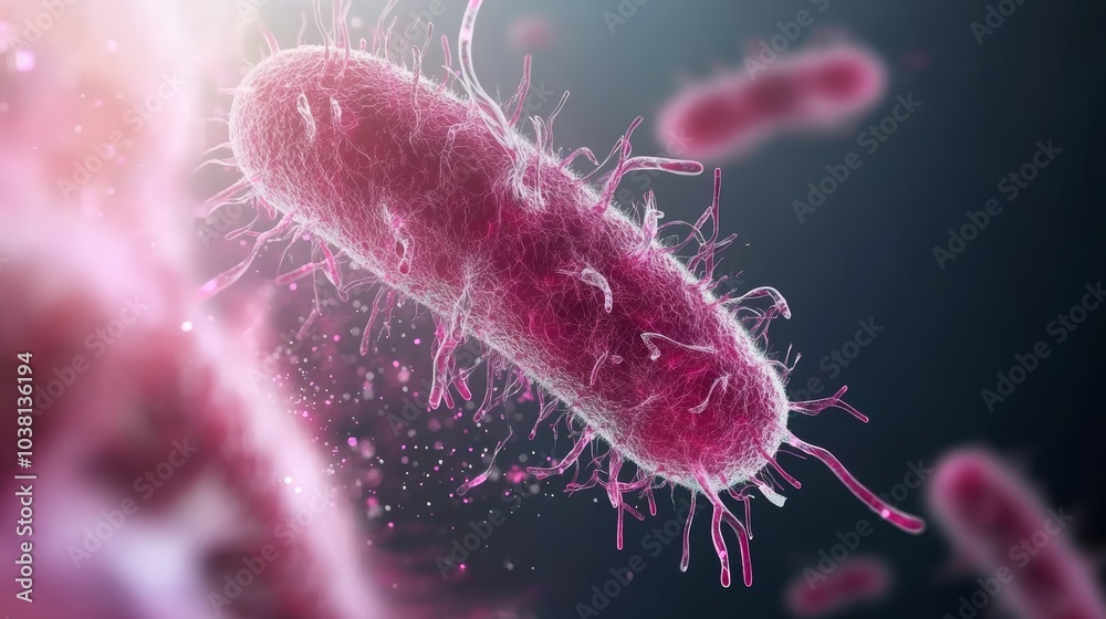 A vibrant image of a pink bacterium, showcasing its intricate structure and surface details against a dark background. A vibrant image of a pink bacterium, showcasing its intricate structure and surface details against a dark background.