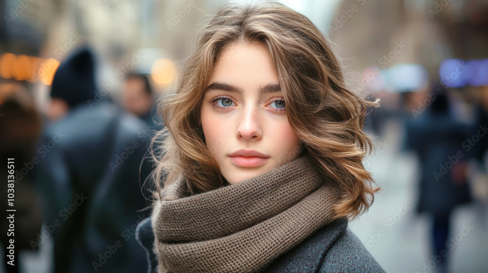Stylish woman in winter coat and scarf posing confidently on a bustling city street while blurred pedestrians pass by, capturing the essence of urban life Stylish woman in winter coat and scarf posing confidently on a bustling city street while blurred pedestrians pass by, capturing the essence of urban life