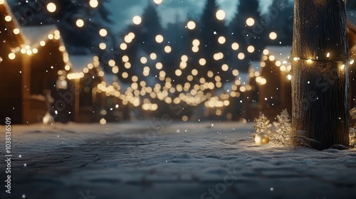 A serene winter scene with sparkling lights illuminating a snowy path, creating a warm, festive atmosphere.