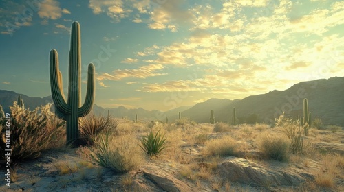 A quiet North American desert landscape with cacti and room for text in the sky.