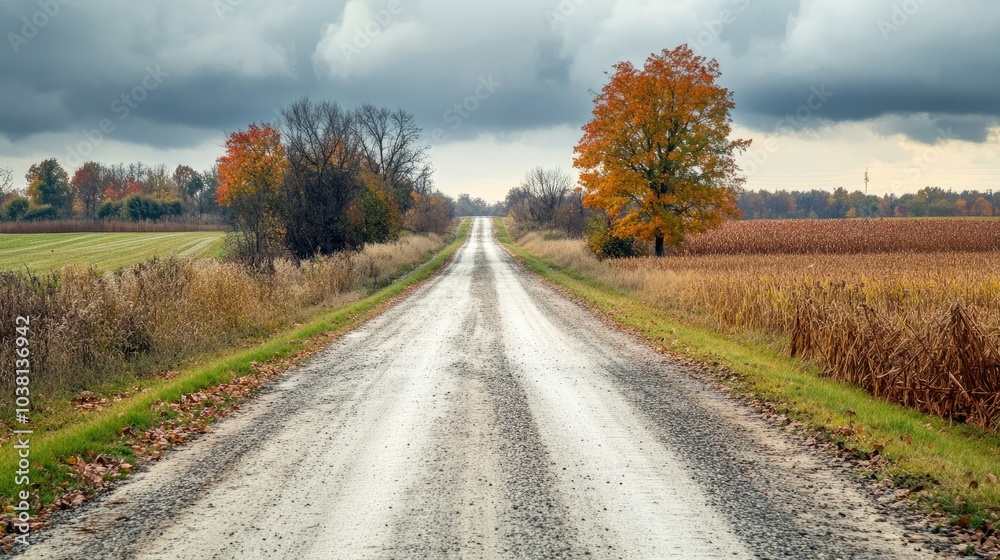 A quiet road through the flatlands of the American Midwest, with ample space for copy.