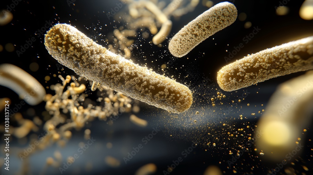 A visually striking representation of bacteria, showcasing golden, rod-shaped microorganisms suspended in a dynamic, dark background. A visually striking representation of bacteria, showcasing golden, rod-shaped microorganisms suspended in a dynamic, dark background.