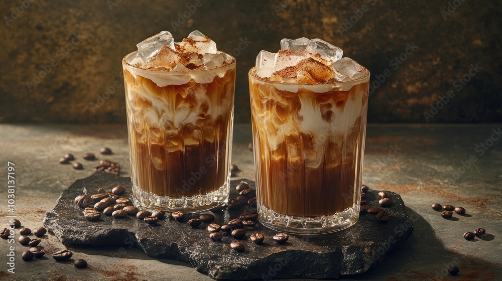 Iced coffee in transparent glasses, garnished with ice cubes and coffee beans on a rough stone surface, creating a refreshing vibe Iced coffee in transparent glasses, garnished with ice cubes and coffee beans on a rough stone surface, creating a refreshing vibe