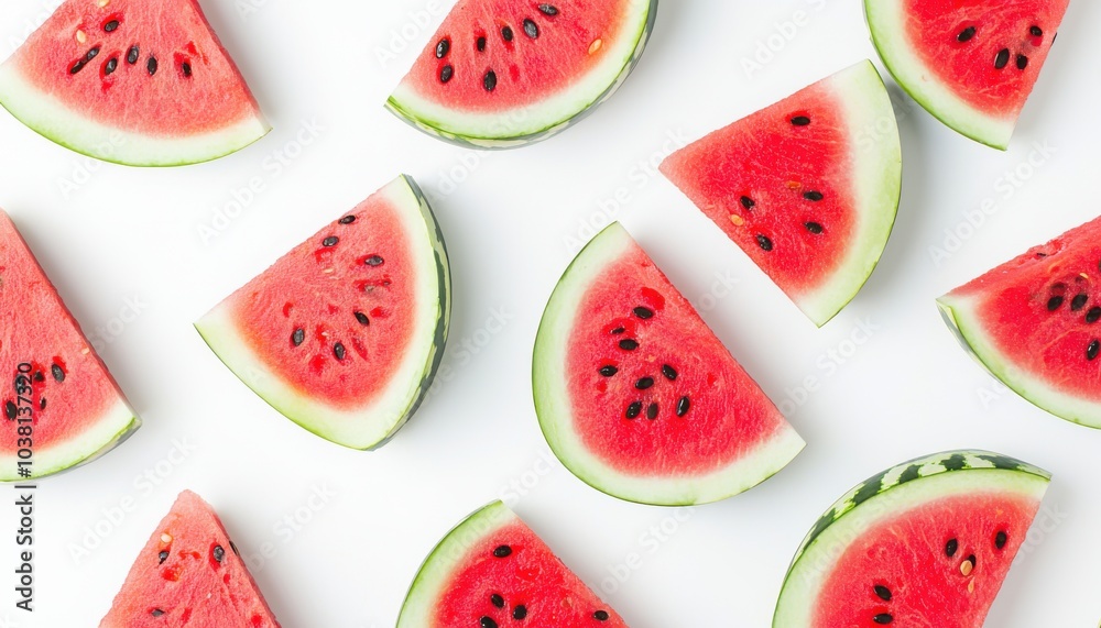 A vibrant arrangement of watermelon slices on a clean surface, showcasing their juicy red flesh and green rind. A vibrant arrangement of watermelon slices on a clean surface, showcasing their juicy red flesh and green rind.