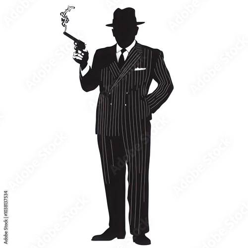 Silhouette of a gangster holding a gun in a retro style on a transparent background.