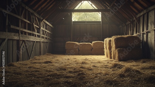 Inside a traditional barn, hay bales are stacked high, with soft strands of loose hay scattered on the wooden floor, capturing the essence of rural life