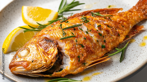 Crispy fried red snapper served with rosemary sprigs and lemon wedges