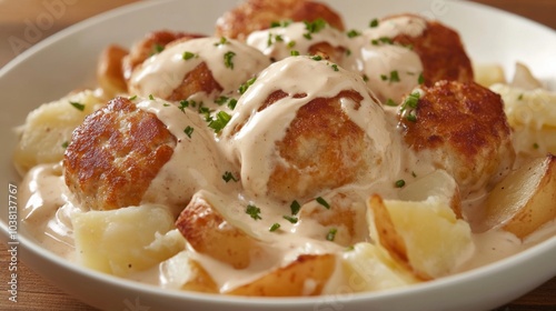 Creamy Meatballs with Potatoes and Artistic Presentation