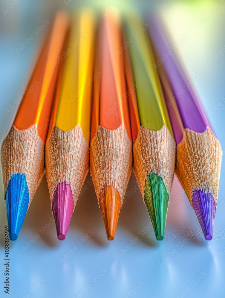 Five vibrant colored pencils arranged side by side. Five vibrant colored pencils arranged side by side.