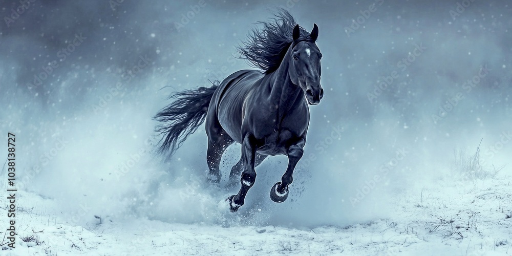 Obraz premium A majestic black horse gallops through the snowy landscape. The powerful animal moves gracefully in the cold. This intense image captures speed and beauty in nature. AI