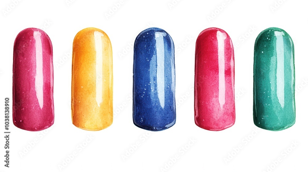 Colorful nail polish swatches displayed in a row, showcasing vibrant hues of yellow, blue, pink, and green. Colorful nail polish swatches displayed in a row, showcasing vibrant hues of yellow, blue, pink, and green.