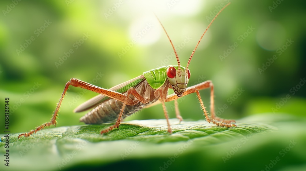 Close-up of a vibrant green grasshopper on a leafy surface. Close-up of a vibrant green grasshopper on a leafy surface.