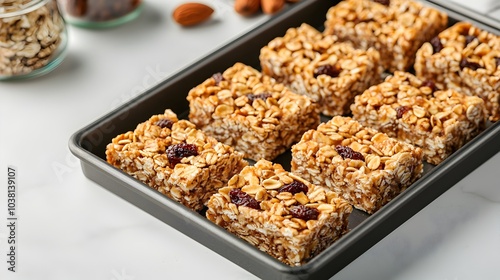 Tray of Freshly Baked Granola Bars with Nuts and Dried Fruits