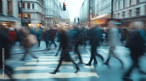 A blurred image of people walking in a busy city street, capturing the motion of a rush hour commute.