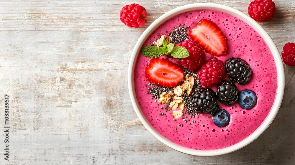 Vibrant Smoothie Bowl Topped with Fresh Berries and Chia Seeds Vibrant Smoothie Bowl Topped with Fresh Berries and Chia Seeds