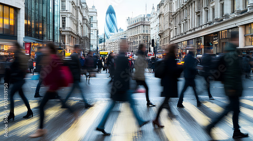 A blurry image of pedestrians walking across a crosswalk in a bustling city with modern skyscrapers.