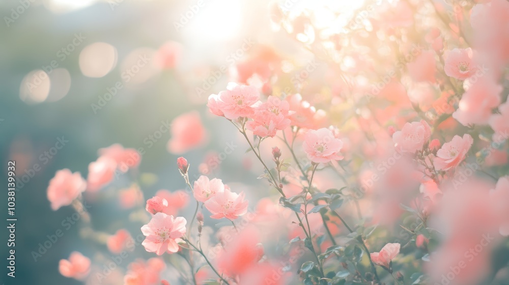 A breathtaking field of pink flowers bathed in natural sunlight