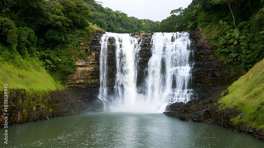 Obraz premium Captivating Waterfall Cascading Down Rugged Rocky Cliff Surrounded by Lush Forested Landscape