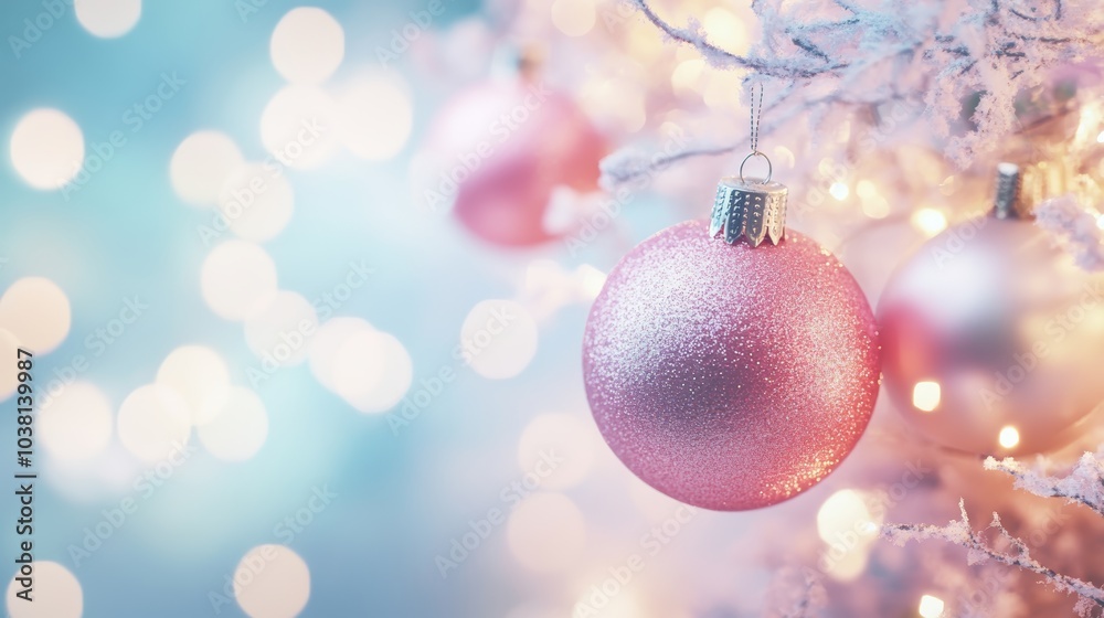 Shiny pink ornament hangs on a christmas tree with twinkling lights in the background Shiny pink ornament hangs on a christmas tree with twinkling lights in the background