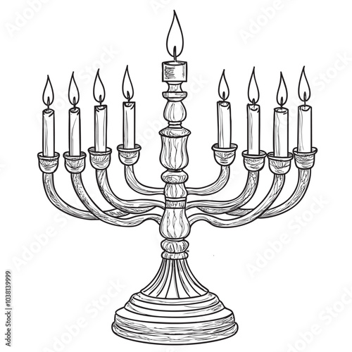 Illustration of a traditional menorah with nine candles being lit.