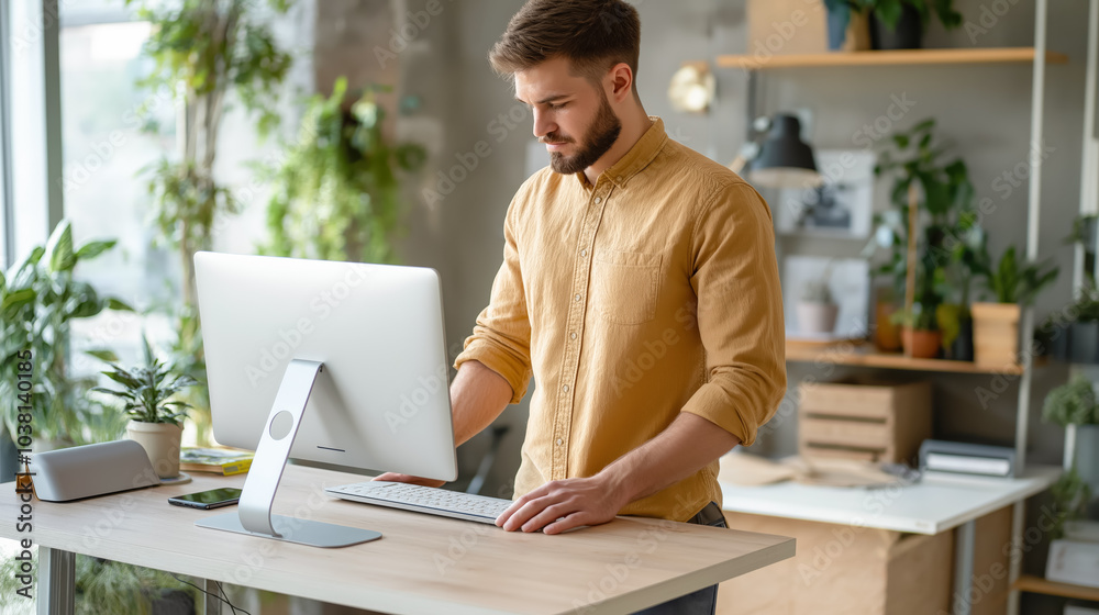 Man working at a standing desk in a modern home office, focusing on his computer, surrounded by plants and a well-organized space. Man working at a standing desk in a modern home office, focusing on his computer, surrounded by plants and a well-organized space.
