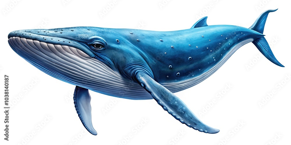 Majestic blue whale against a white backdrop showcases graceful curves and intricate details, celebrating marine life, ocean conservation, and the beauty of wildlife photography.