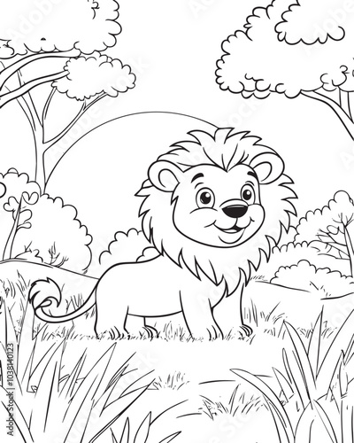 A cheerful cartoon lion stands in a vibrant jungle scene.