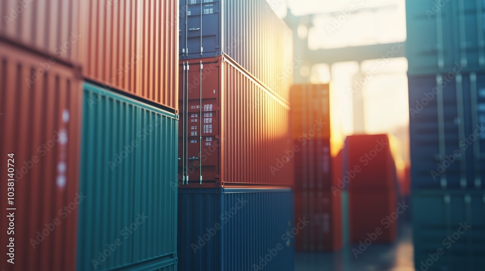Industrial landscape, row of storage containers in shipping yard