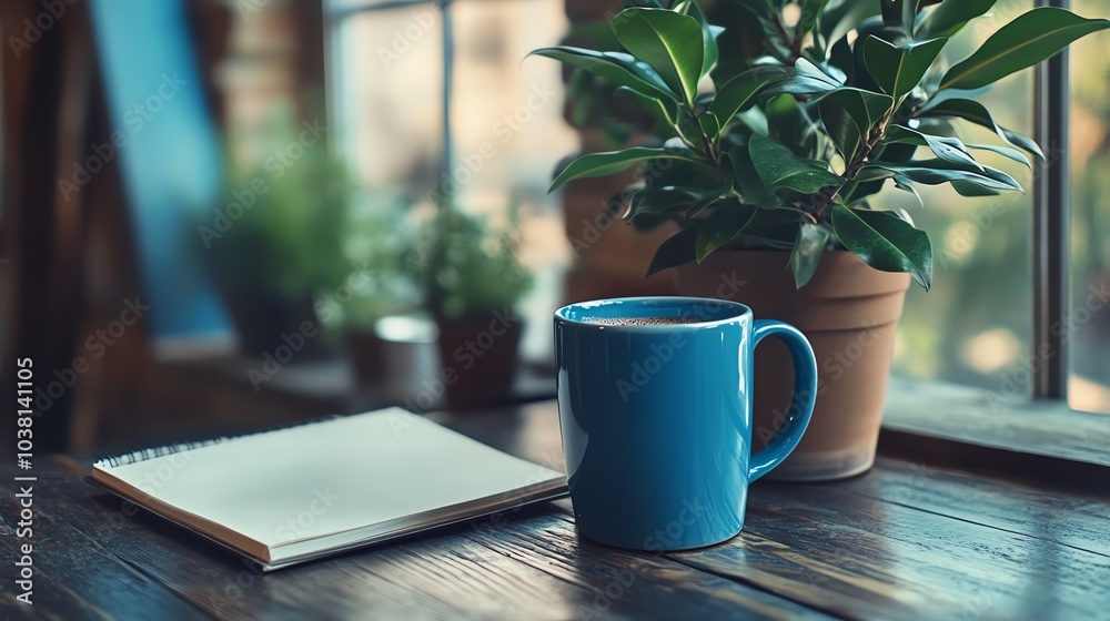 Coffee mug, notepad, and plant on a rustic wooden table.