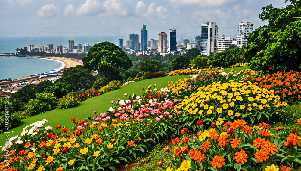 Fototapeta premium Jardin fleuri avec vue sur la ville côtière