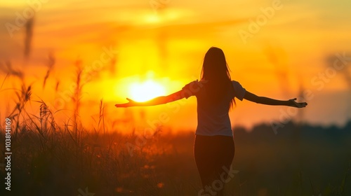 Woman in a field embraces freedom and the beauty of nature