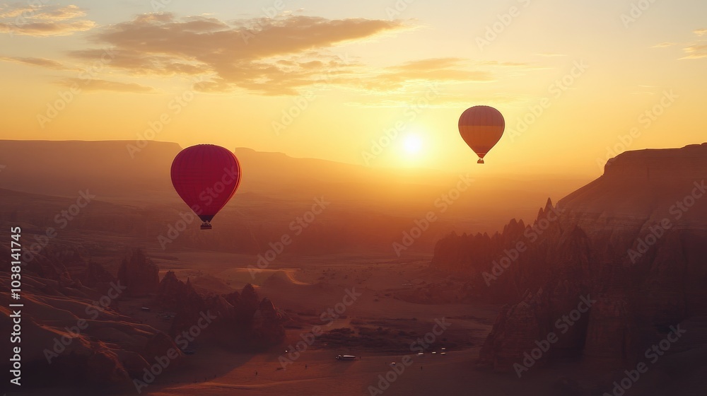 Red hot air balloons rising over a scenic desert landscape during sunrise. Red hot air balloons rising over a scenic desert landscape during sunrise.