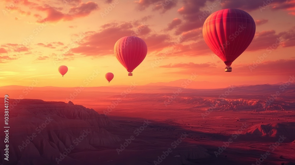 Obraz premium Red hot air balloons rising over a scenic desert landscape during sunrise.