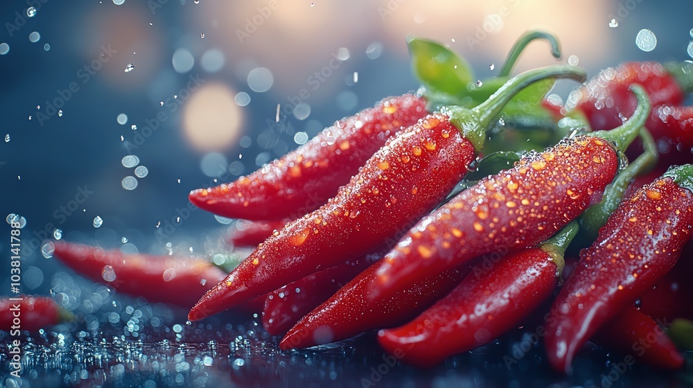 Fresh red chili peppers with water droplets, vibrant and appetizing. Fresh red chili peppers with water droplets, vibrant and appetizing.