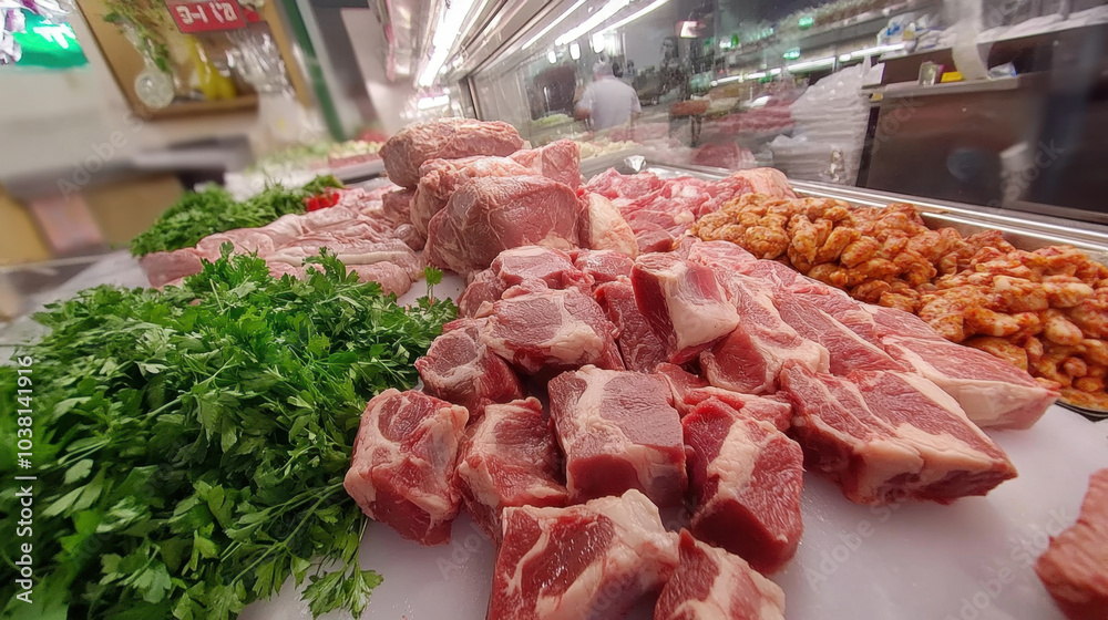 Fresh Meat on Display at Butcher Shop Fresh Meat on Display at Butcher Shop