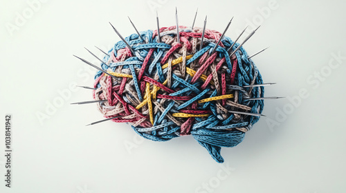colorful knitting wool in the shape of a brain with needles, world mental health day
