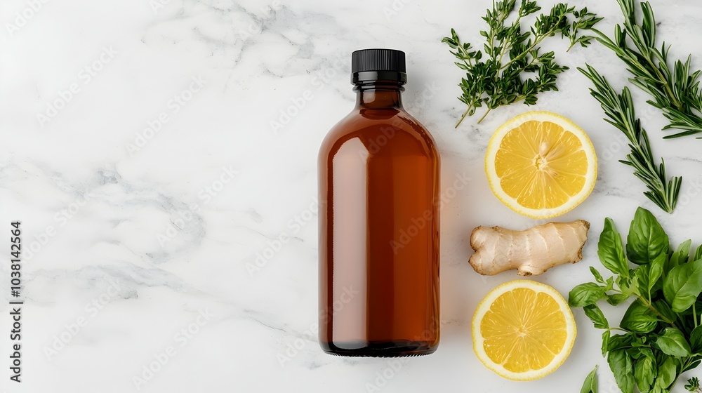 Kombucha Bottle Placed on Marble Countertop with Minimalist Styling