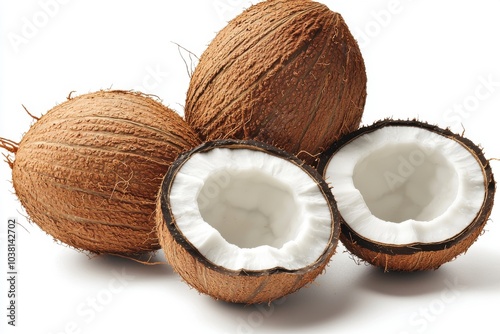 Three coconuts, one split open to reveal the white flesh inside.