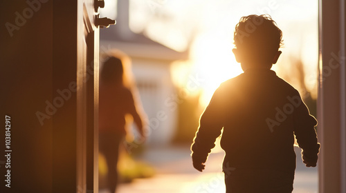 Worker Returning Home to Happy Children Embracing at Door photo