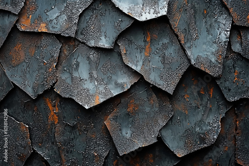 dark metallic tiles with rustic orange patterns and intricate crackle textures under soft lighting