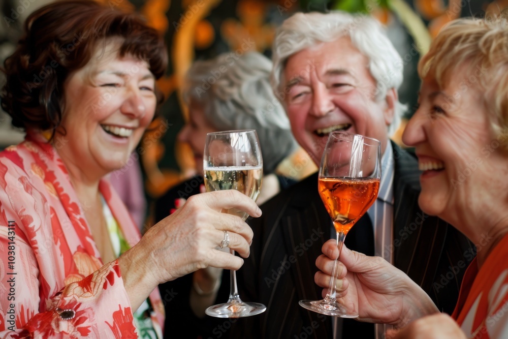Group of happy senior friends toasting with glasses of champagne at birthday party Group of happy senior friends toasting with glasses of champagne at birthday party