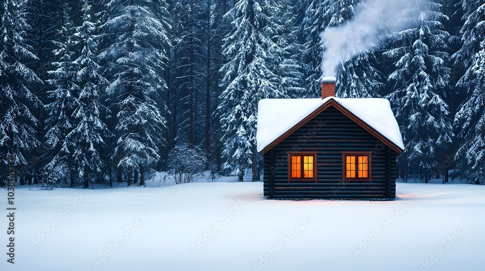 Cozy Cabin Nestled in the Serene Woodland Landscape with Smoke Rising from the Chimney Cozy Cabin Nestled in the Serene Woodland Landscape with Smoke Rising from the Chimney